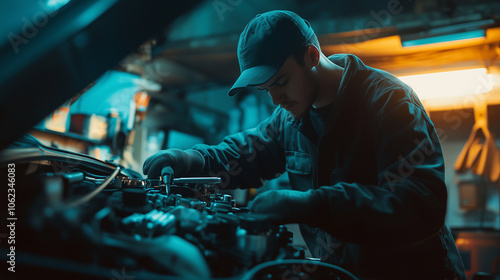 Mechanic Performing Car Engine Repair in Workshop photo