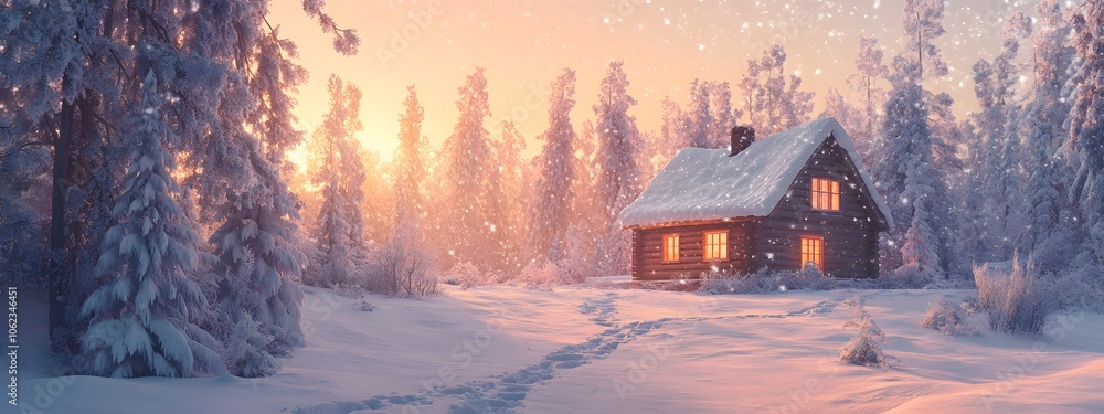 A cozy cabin nestled in the snowy woods, surrounded by snow-covered trees and footprints leading to its door A cozy cabin nestled in the snowy woods, surrounded by snow-covered trees and footprints leading to its door