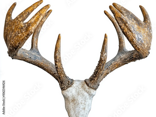 The image shows a set of reindeer antlers isolated on a white background, displaying their natural texture and earthy color tones.