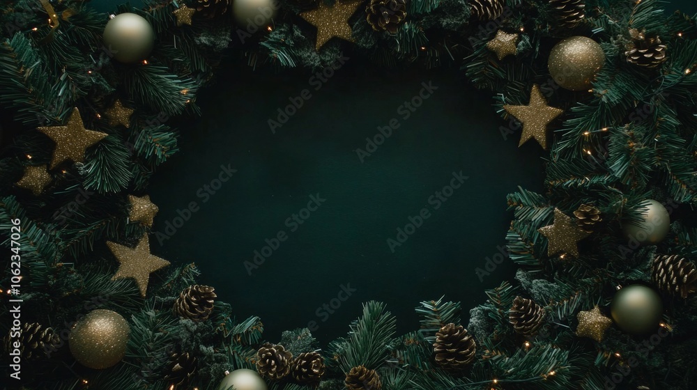 Christmas background with decorations along the edges. Christmas tree branches, gold glitter balls, stars, and garland. Flat lay, top view on a dark background with copy space. Christmas background with decorations along the edges. Christmas tree branches, gold glitter balls, stars, and garland. Flat lay, top view on a dark background with copy space.