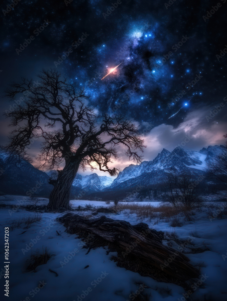 Obraz premium The setting features a bare tree silhouetted against a twilight sky filled with stars and swirling cosmic colors, with snow-covered mountains in the background.