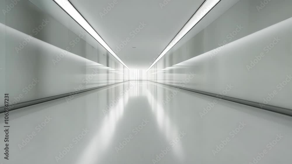 A long, white hallway with bright lights extends into the distance A long, white hallway with bright lights extends into the distance