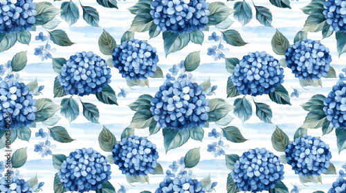 Watercolor seamless pattern featuring blue hydrangea branches adorned with lush leaves and delicate flowers perfect for fabric design and home decor