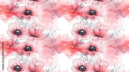 Elegant flower arrangement featuring anemones in ink outline with a soft watercolor background seamless pattern for fabric or wallpaper design