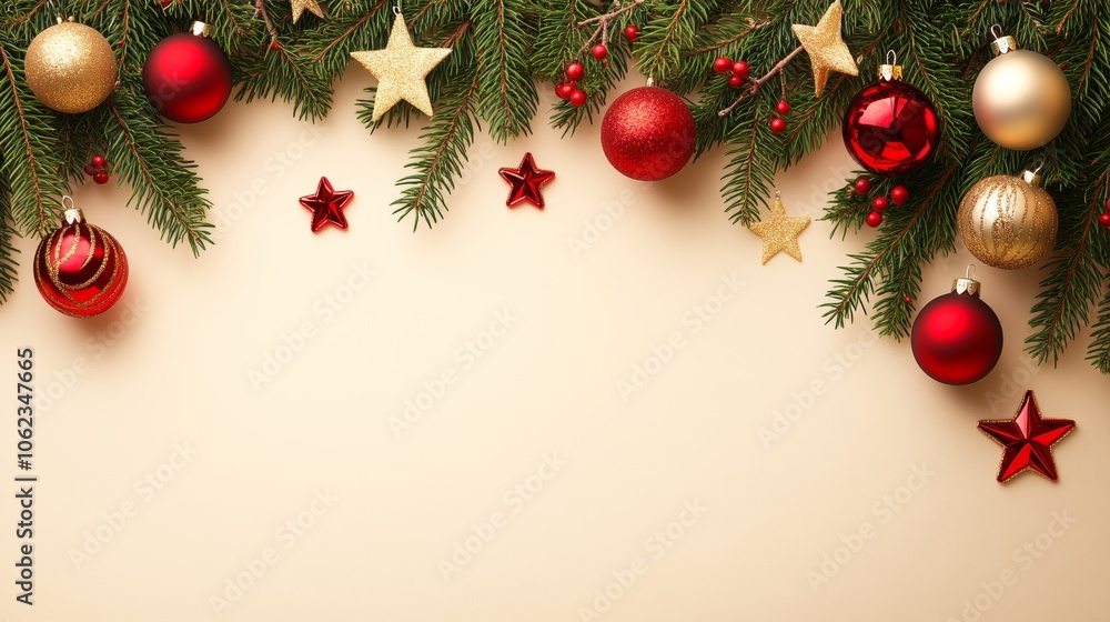 Christmas background with decorations along the edges. Christmas tree branches, gold glitter balls, stars, and garland. Flat lay, top view on a dark background with copy space. Christmas background with decorations along the edges. Christmas tree branches, gold glitter balls, stars, and garland. Flat lay, top view on a dark background with copy space.