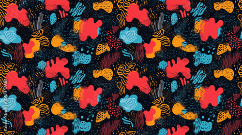 Colorful seamless pattern featuring chaotic abstract designs and quirky shapes for modern textile applications