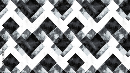 Alluring seamless pattern featuring black and white geometric watercolor frame with medallion repeated tile and charming chevron ribbon ornament