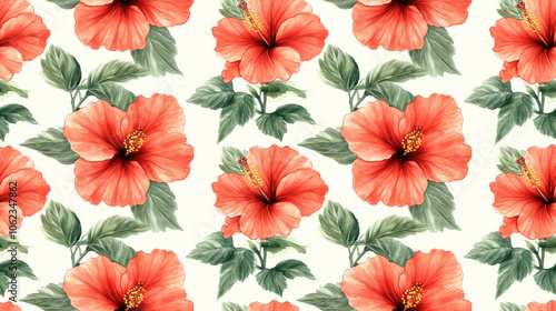 Seamless pattern of watercolor botanical hibiscus flower illustrations vibrant design for tropical themed decor