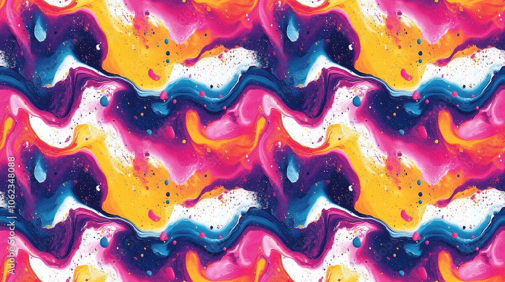 Fototapeta premium Colorful seamless pattern of vibrant acrylic paint splashes creating a psychedelic design perfect for textile or wallpaper applications