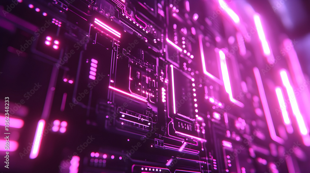 A digital circuit board with glowing pink and white lines.
A digital circuit board with glowing pink and white lines.