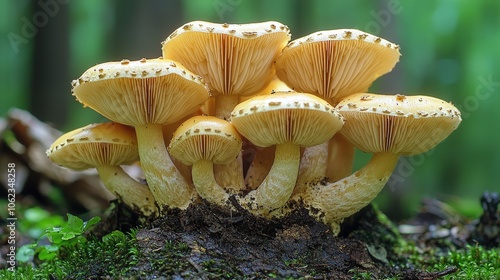 Cluster of wild golden mushrooms growing on a forest floor