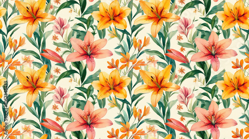 Seamless watercolor floral pattern featuring hand drawn lilies and wildflowers in vibrant orange pink and green ideal for fashion fabric designs