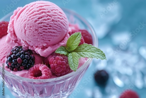 Close-up of pink ice cream in glass dish with fresh berries and mint garnish photo