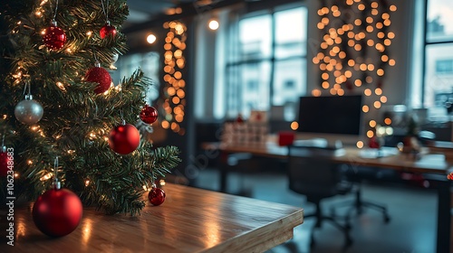 Modern office workspace decorated for Christmas