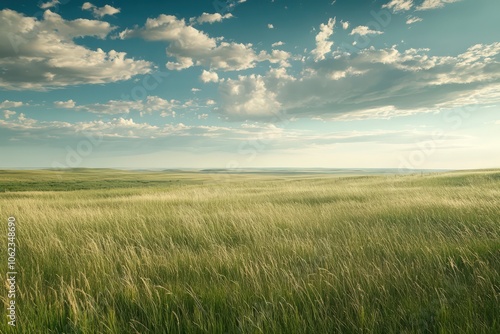 Expansive prairies with tall, waving grasses and a distant horizon, under a wide and open sky with scattered clouds