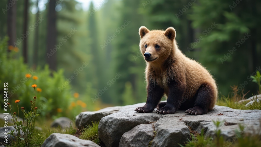 Obraz premium A realistic depiction of a grizzly cub on a stone ledge, with detailed fur textures illuminated by the gentle light of the forest