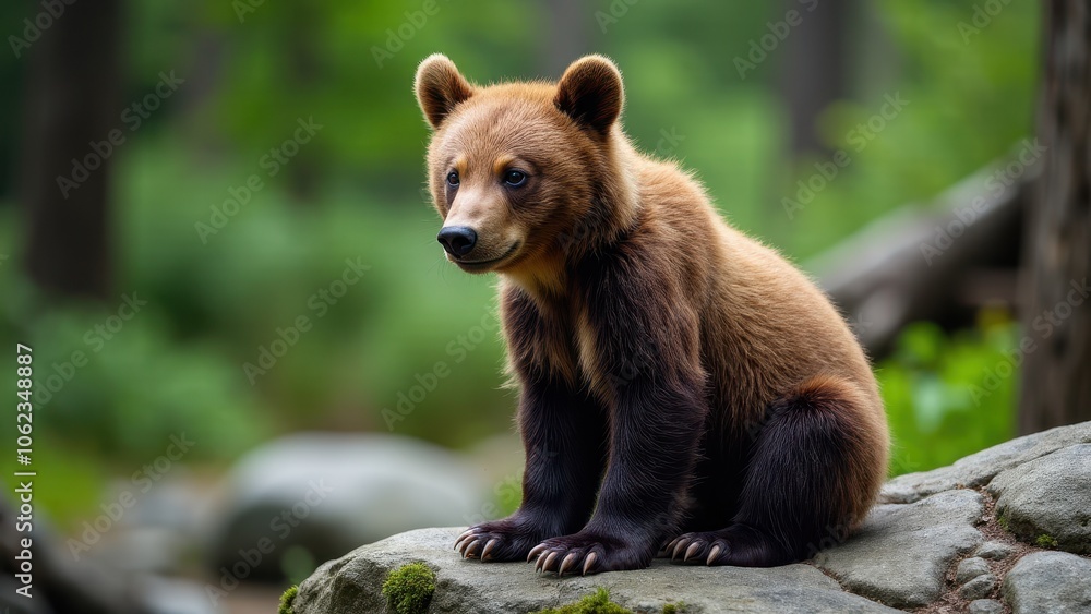 Obraz premium A beautiful photograph of a grizzly cub nestled on a rocky outcrop, surrounded by vibrant green plants and soft sunlight