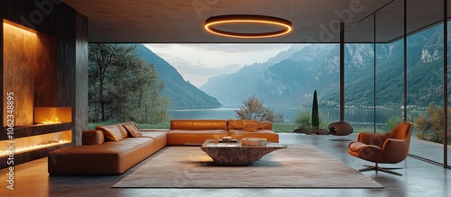 Modern living room with a fireplace and a large window overlooking a lake and mountains.