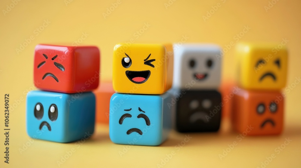 Colored cubes with faces of various emotions drawn on a yellow background, including joy, sadness, surprise. Symbolize emotional states Colored cubes with faces of various emotions drawn on a yellow background, including joy, sadness, surprise. Symbolize emotional states