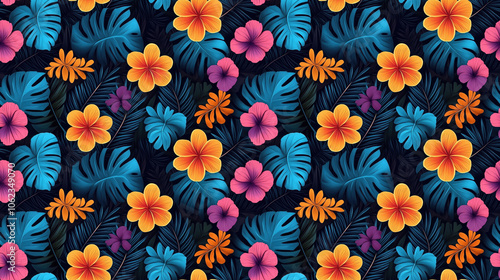 Creative seamless pattern featuring hand drawn tropical leaves and vibrant flowers ideal for textile design wallpaper and art projects