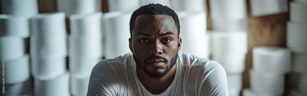 Obraz premium Man hoarding toilet paper rolls with a humorous expression, isolated on a white background