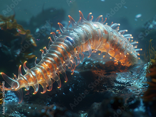 
Antarctic Scale Worm, depicted in a close-up underwater view showcasing its segmented body and unique bristles, glowing subtly in the dim ocean light, cinematic style, Compositing Core, 8k, detailed,