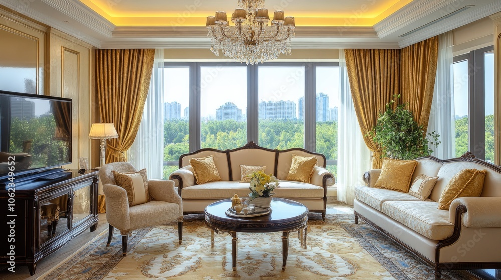 Luxurious living room with large windows, ornate chandelier, and plush furniture. Luxurious living room with large windows, ornate chandelier, and plush furniture.