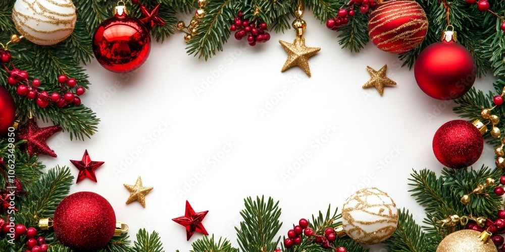 Christmas background with decorations along the edges. Christmas tree branches, gold glitter balls, stars, and garland. Flat lay, top view on a dark background with copy space. Christmas background with decorations along the edges. Christmas tree branches, gold glitter balls, stars, and garland. Flat lay, top view on a dark background with copy space.