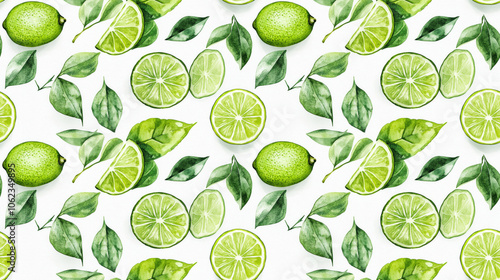 Seamless pattern featuring fresh watercolor lime slices accompanied by vibrant green leaves perfect for culinary botanical or organic themed designs © NeuralNiche