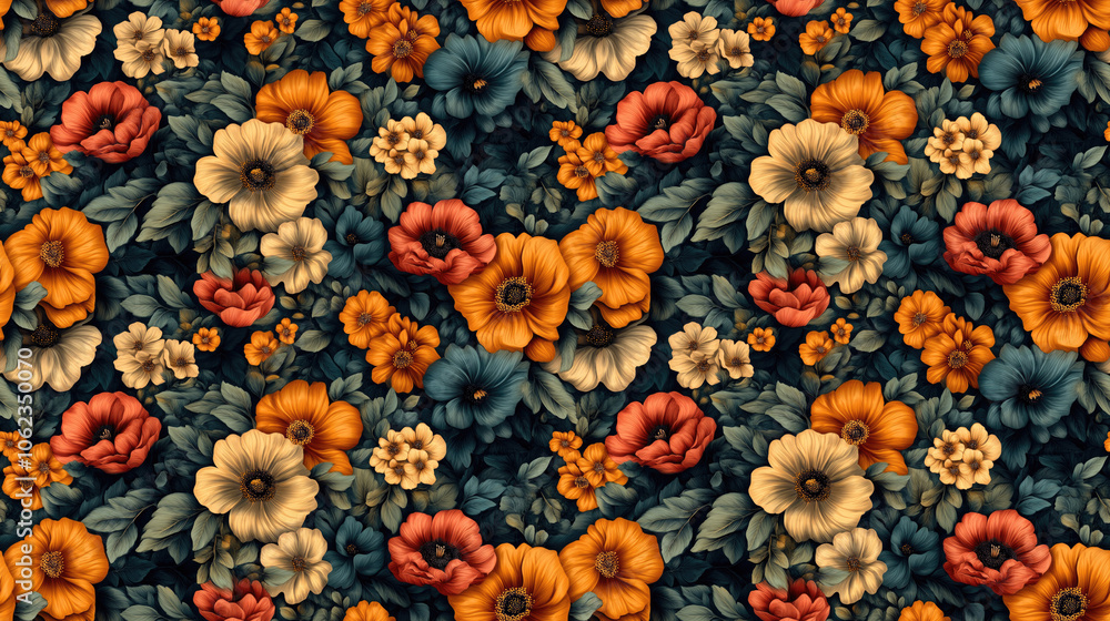 Seamless textile pattern featuring vibrant flower bunches in beautiful colors ideal for upholstery and fashion design Seamless textile pattern featuring vibrant flower bunches in beautiful colors ideal for upholstery and fashion design