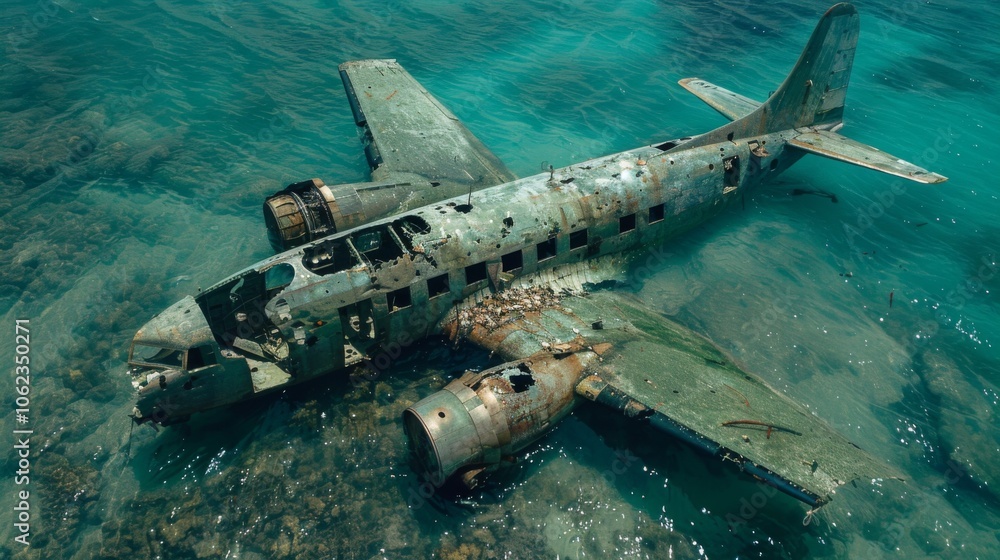 Naklejka premium old downed plane on the seashore