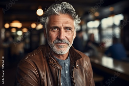 Portrait of a handsome senior man with gray hair and beard in a leather jacket.