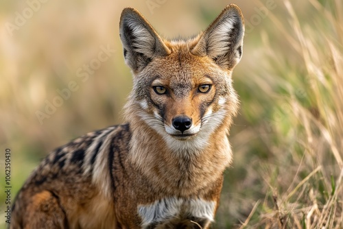 Alert jackal in natural habitat with focused gaze and warm light