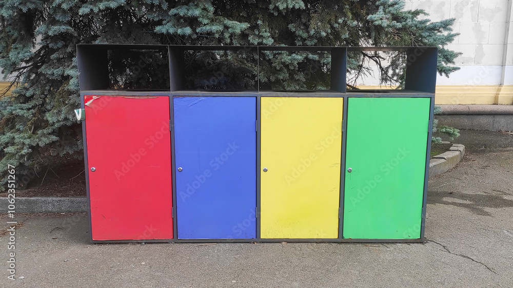 Obraz premium Colored trash bins red, blue, yellow, green for organic waste, paper, plastic, metal, glass in the city park of the city