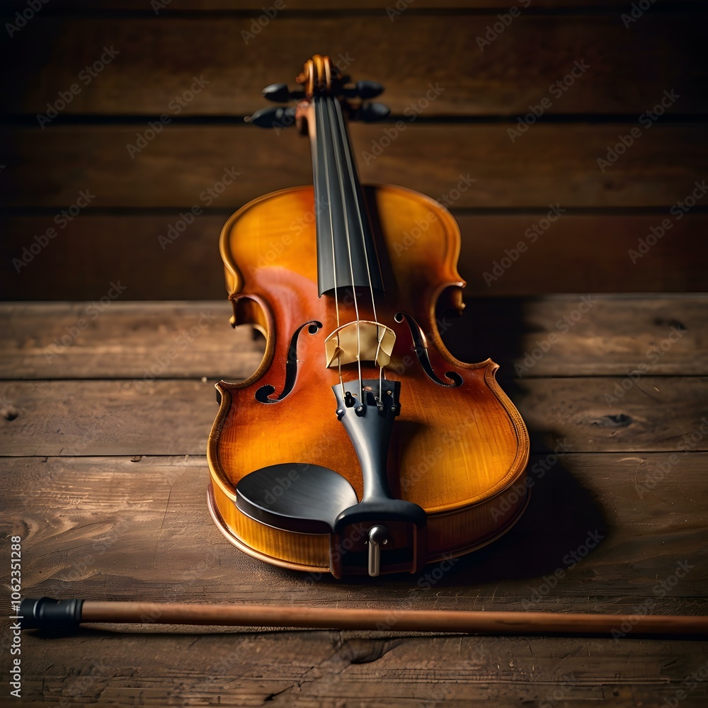 Fototapeta premium Classical Violin and Bow on Rustic Wooden Surface Generative AI