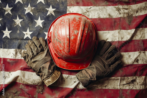 Red hard hat and work gloves resting on american flag