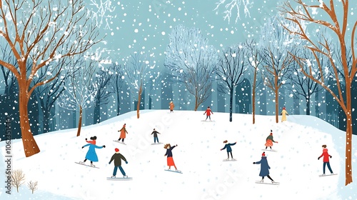 Winter scene with ice skaters and snowy trees