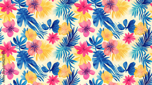 Seamless tropical beach pattern illustrated with vibrant watercolors perfect for fabric or wallpaper design