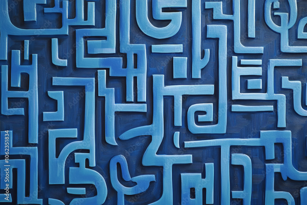 A close-up view of a blue, abstract, embossed pattern, seemingly made of clay, with a unique and intricate design that resembles a maze A close-up view of a blue, abstract, embossed pattern, seemingly made of clay, with a unique and intricate design that resembles a maze