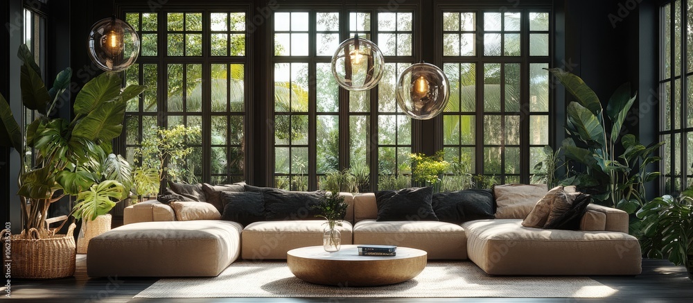 Modern living room with large windows, a sectional sofa, and three globe pendant lights. Modern living room with large windows, a sectional sofa, and three globe pendant lights.