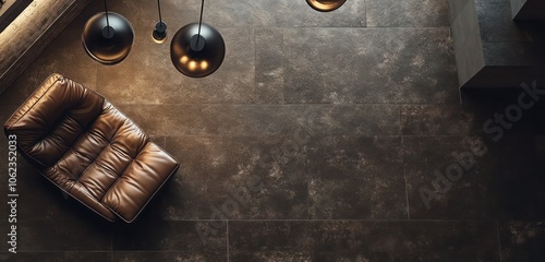A dark brown stone floor with matte finish, featuring a luxurious leather chaise and modern pendant lights.