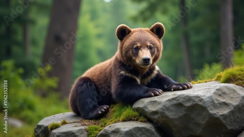 A striking photograph of a solitary grizzly cub on a rocky ledge, basking in the warm glow of natural sunlight photo