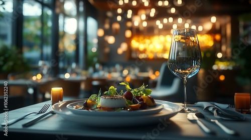 Fine dining table setup with gourmet dish and wine creating elegant picture