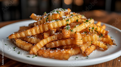 A pile of crinkle-cut fries seasoned with sea salt on a plain white plate photo