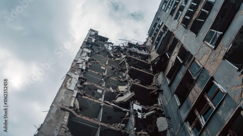 Intense view of a heavily damaged building facade with exposed interiors, showing the destructive aftermath of an explosion.