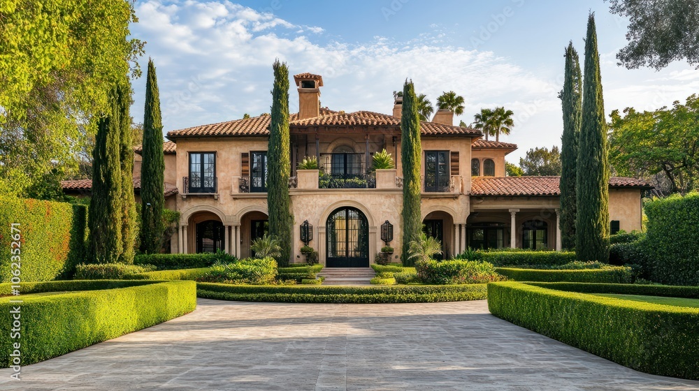 Elegant Mediterranean-style home with lush greenery, a spacious driveway, and beautiful architecture under a clear sky. Elegant Mediterranean-style home with lush greenery, a spacious driveway, and beautiful architecture under a clear sky.