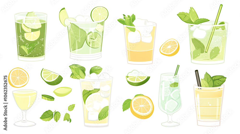 Refreshing Caipirinhas Mojitos and Lemonades in Glassware With Ice Generative AI Refreshing Caipirinhas Mojitos and Lemonades in Glassware With Ice Generative AI