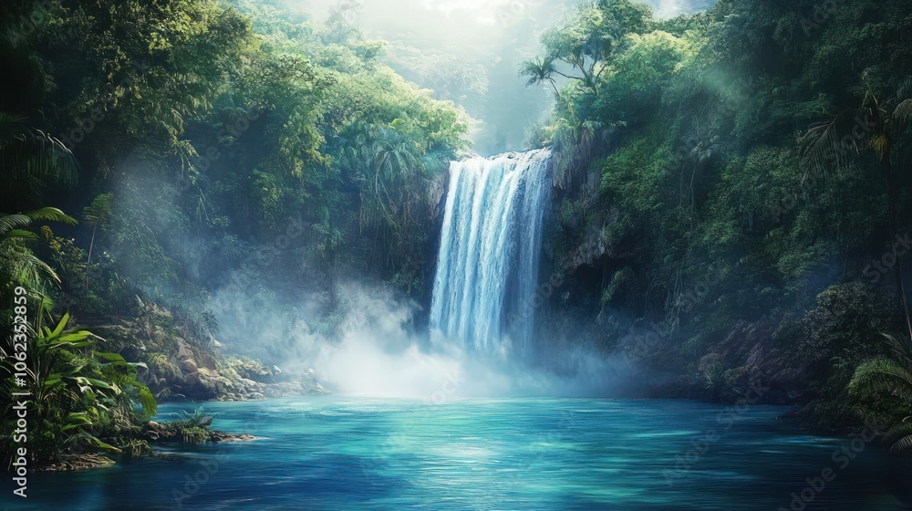 Majestic waterfall plunging into a deep blue pool, surrounded by lush tropical vegetation and mist rising from the water Majestic waterfall plunging into a deep blue pool, surrounded by lush tropical vegetation and mist rising from the water