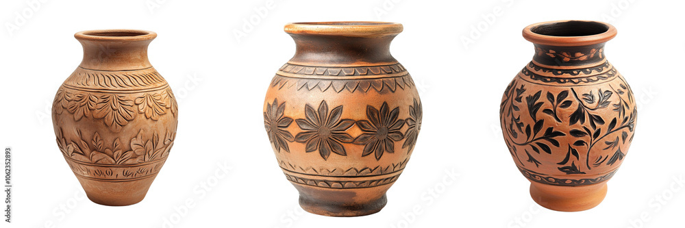 Set of beautifully crafted antique clay vase isolated on a transparent background Set of beautifully crafted antique clay vase isolated on a transparent background