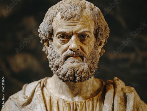 A detailed sculpture of Aristotle with intricate facial features, showcasing classical Greek artistry in a realistic style. photo